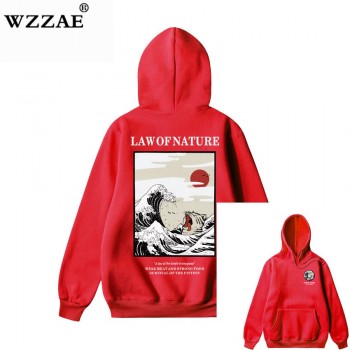 WZZAE Japanese Embroidery Funny Cat Wave Printed Fleece Hoodies 2018 Winter Japan Style Hip Hop Casual Sweatshirts Streetwear