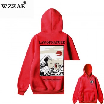 WZZAE Japanese Embroidery Funny Cat Wave Printed Fleece Hoodies 2018 Winter Japan Style Hip Hop Casual Sweatshirts Streetwear