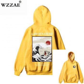 WZZAE Japanese Embroidery Funny Cat Wave Printed Fleece Hoodies 2018 Winter Japan Style Hip Hop Casual Sweatshirts Streetwear