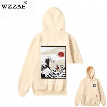 WZZAE Japanese Embroidery Funny Cat Wave Printed Fleece Hoodies 2018 Winter Japan Style Hip Hop Casual Sweatshirts Streetwear