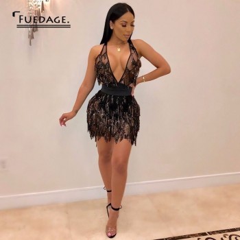Summer Sexy Bodycon Dress Women Deep V Neck Tassel Sequined Bandage Dress Spaghetti Strap Backless Club Mini Party Dress Vestido