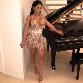 Summer Sexy Bodycon Dress Women Deep V Neck Tassel Sequined Bandage Dress Spaghetti Strap Backless Club Mini Party Dress Vestido