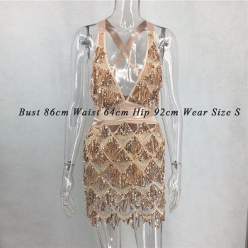 Summer Sexy Bodycon Dress Women Deep V Neck Tassel Sequined Bandage Dress Spaghetti Strap Backless Club Mini Party Dress Vestido