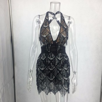 Summer Sexy Bodycon Dress Women Deep V Neck Tassel Sequined Bandage Dress Spaghetti Strap Backless Club Mini Party Dress Vestido