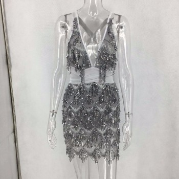 Summer Sexy Bodycon Dress Women Deep V Neck Tassel Sequined Bandage Dress Spaghetti Strap Backless Club Mini Party Dress Vestido