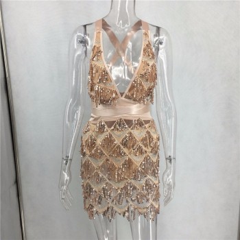 Summer Sexy Bodycon Dress Women Deep V Neck Tassel Sequined Bandage Dress Spaghetti Strap Backless Club Mini Party Dress Vestido