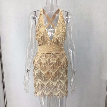 Summer Sexy Bodycon Dress Women Deep V Neck Tassel Sequined Bandage Dress Spaghetti Strap Backless Club Mini Party Dress Vestido