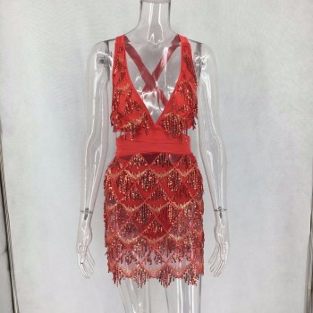 Summer Sexy Bodycon Dress Women Deep V Neck Tassel Sequined Bandage Dress Spaghetti Strap Backless Club Mini Party Dress Vestido