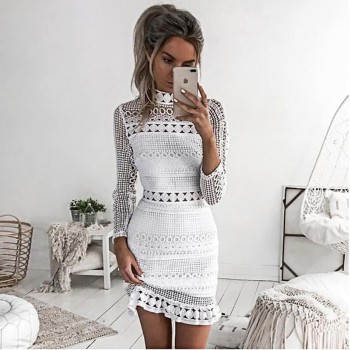 2018 Autumn New Vintage hollow out lace dress women Elegant sleeveless white dress summer chic party sexy dress vestidos robe