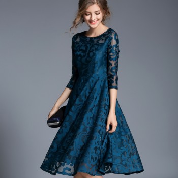 H han queen Autumn Lace Dress Work Casual Slim Fashion O-neck Sexy Hollow Out Blue Red Dresses Women A-line Vintage Vestidos