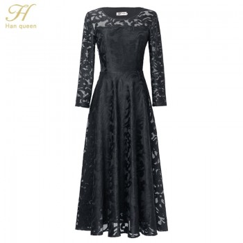 H han queen Autumn Lace Dress Work Casual Slim Fashion O-neck Sexy Hollow Out Blue Red Dresses Women A-line Vintage Vestidos