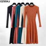 elegant Long sleeve OL O-neck long Sweater dress women Thick knit Autumn Winter dress female Slim A-line basic dress casual