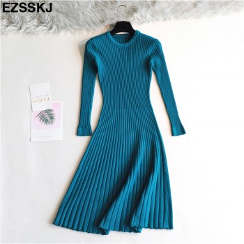 elegant Long sleeve OL O-neck long Sweater dress women Thick knit Autumn Winter dress female Slim A-line basic dress casual