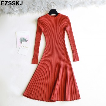 elegant Long sleeve OL O-neck long Sweater dress women Thick knit Autumn Winter dress female Slim A-line basic dress casual