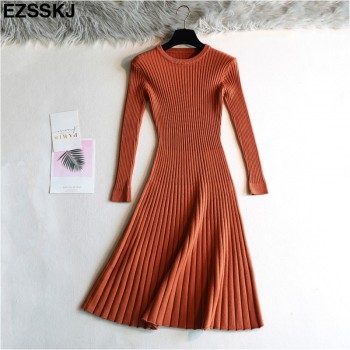 elegant Long sleeve OL O-neck long Sweater dress women Thick knit Autumn Winter dress female Slim A-line basic dress casual