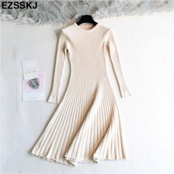 elegant Long sleeve OL O-neck long Sweater dress women Thick knit Autumn Winter dress female Slim A-line basic dress casual