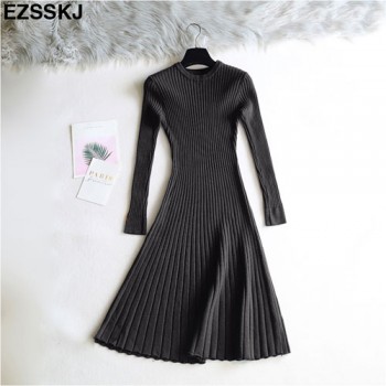 elegant Long sleeve OL O-neck long Sweater dress women Thick knit Autumn Winter dress female Slim A-line basic dress casual