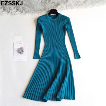 elegant Long sleeve OL O-neck long Sweater dress women Thick knit Autumn Winter dress female Slim A-line basic dress casual