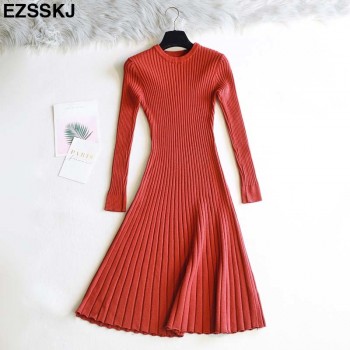 elegant Long sleeve OL O-neck long Sweater dress women Thick knit Autumn Winter dress female Slim A-line basic dress casual