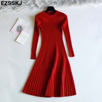 elegant Long sleeve OL O-neck long Sweater dress women Thick knit Autumn Winter dress female Slim A-line basic dress casual