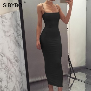 Sibybo Spaghetti Strap Backless Sexy Long Dress Party Off Shoulder Strapless Autumn Maxi Dress Black Bodycon Party Dress Women