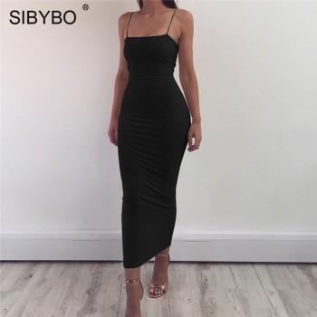 Sibybo Spaghetti Strap Backless Sexy Long Dress Party Off Shoulder Strapless Autumn Maxi Dress Black Bodycon Party Dress Women