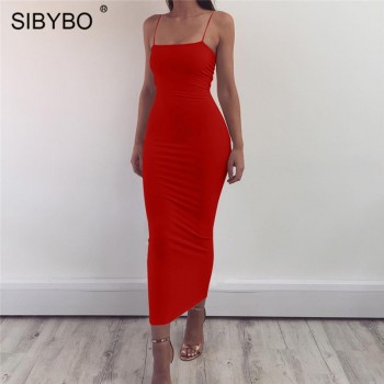 Sibybo Spaghetti Strap Backless Sexy Long Dress Party Off Shoulder Strapless Autumn Maxi Dress Black Bodycon Party Dress Women