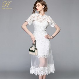 H han queen Summer Mesh Patchwork Lace Dress Women O-neck Work Casual Party Slim Sexy White Long Dresses Vintage Vestidos