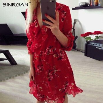 SINRGAN Ruffle Polkadot Print Summer Dress Vintage Irregular Bow Wrap Short Dress Women Chiffon Black Dress Beach Dresses 2019