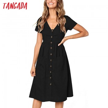 Tangada 2019 summer cotton dress women tunic v neck short sleeve pink midi dresses pocket casual vestidos female AON04