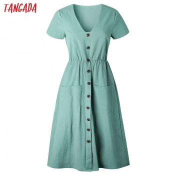 Tangada 2019 summer cotton dress women tunic v neck short sleeve pink midi dresses pocket casual vestidos female AON04