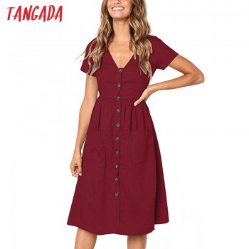 Tangada 2019 summer cotton dress women tunic v neck short sleeve pink midi dresses pocket casual vestidos female AON04