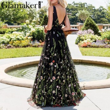 Glamaker Mesh vintage floral embroidery maxi dress Women summer backless beach black dress Sexy v neck elegant long party dress