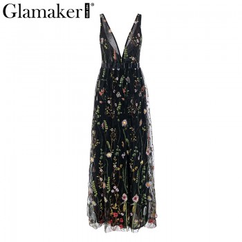 Glamaker Mesh vintage floral embroidery maxi dress Women summer backless beach black dress Sexy v neck elegant long party dress