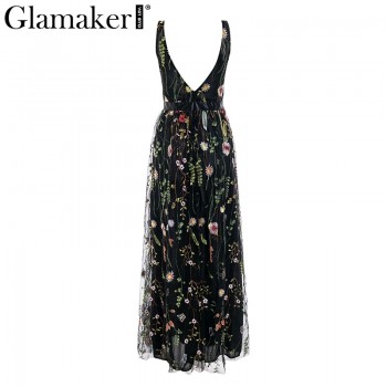 Glamaker Mesh vintage floral embroidery maxi dress Women summer backless beach black dress Sexy v neck elegant long party dress
