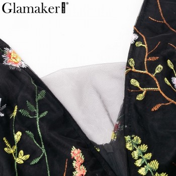 Glamaker Mesh vintage floral embroidery maxi dress Women summer backless beach black dress Sexy v neck elegant long party dress