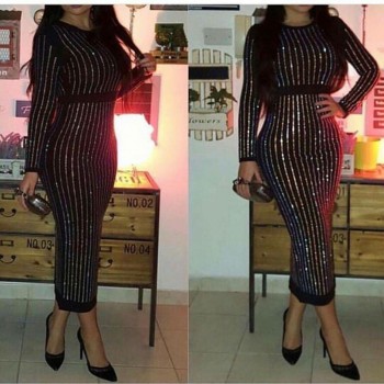 S-3XL Excellent Quality 2018 Barocco Runway Long Sleeve Autumn Women Sexy Rhinestone Diamond Embellished Bodycon Long Dress