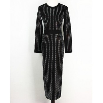 S-3XL Excellent Quality 2018 Barocco Runway Long Sleeve Autumn Women Sexy Rhinestone Diamond Embellished Bodycon Long Dress
