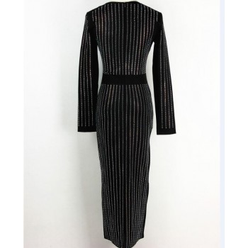 S-3XL Excellent Quality 2018 Barocco Runway Long Sleeve Autumn Women Sexy Rhinestone Diamond Embellished Bodycon Long Dress