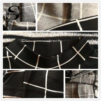 Sheinside Plaid Pencil Dress Stand Collar Short Sleeve Midi Dress 2018 Autumn Winter Women OL Work Elegant Bodycon Dress