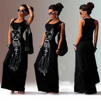 2018 Women Summer Long Maxi Dress Casual Cat Print Boho Beach Dress Sexy Evening Party Bodycon Dress Vestidos Largos Mujer XXXL