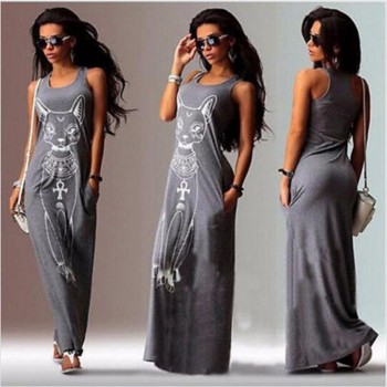 2018 Women Summer Long Maxi Dress Casual Cat Print Boho Beach Dress Sexy Evening Party Bodycon Dress Vestidos Largos Mujer XXXL
