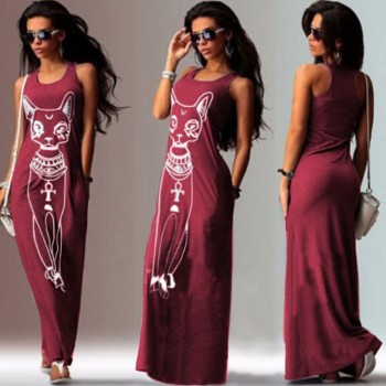 2018 Women Summer Long Maxi Dress Casual Cat Print Boho Beach Dress Sexy Evening Party Bodycon Dress Vestidos Largos Mujer XXXL