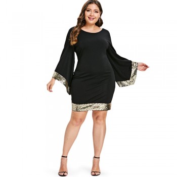 AZULINA Plus Size Sequins Flare Sleeve Dress Women V Neck Long Sleeve Bodycon Dress Female Office Party Work Dresses Vestido 5XL