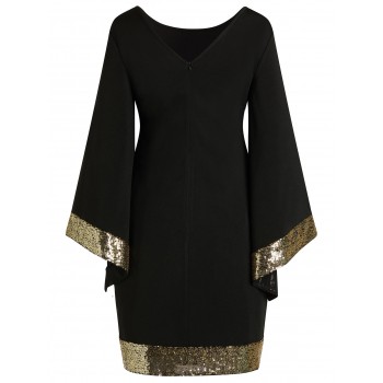 AZULINA Plus Size Sequins Flare Sleeve Dress Women V Neck Long Sleeve Bodycon Dress Female Office Party Work Dresses Vestido 5XL