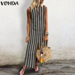 VONDA Women Striped Maxi Long Dress 2018 Summer Retro Casual Loose Sexy V Neck Sleeveless Ankle-length Beach Vestidos Plus Size