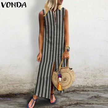 VONDA Women Striped Maxi Long Dress 2018 Summer Retro Casual Loose Sexy V Neck Sleeveless Ankle-length Beach Vestidos Plus Size