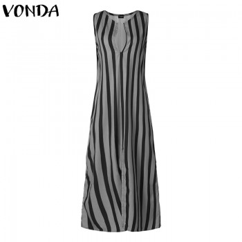 VONDA Women Striped Maxi Long Dress 2018 Summer Retro Casual Loose Sexy V Neck Sleeveless Ankle-length Beach Vestidos Plus Size