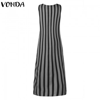 VONDA Women Striped Maxi Long Dress 2018 Summer Retro Casual Loose Sexy V Neck Sleeveless Ankle-length Beach Vestidos Plus Size