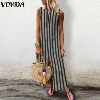VONDA Women Striped Maxi Long Dress 2018 Summer Retro Casual Loose Sexy V Neck Sleeveless Ankle-length Beach Vestidos Plus Size
